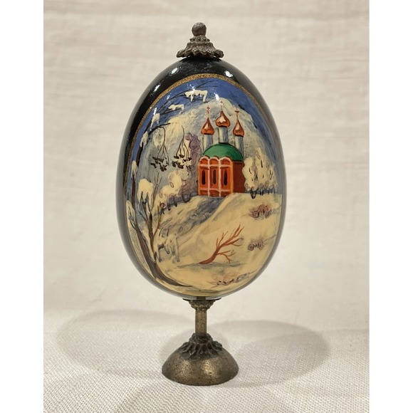 Other - Vintage Russian Hand Painted Lacquer Egg Winter Orthodox Church Signed Usov